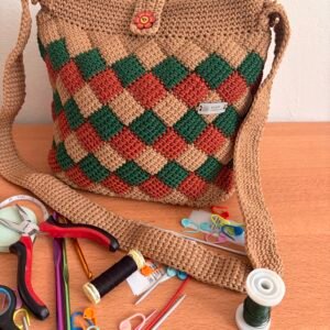 The Earthy Argyle Crochet Shoulder Bag – Green, Rust & Beige
