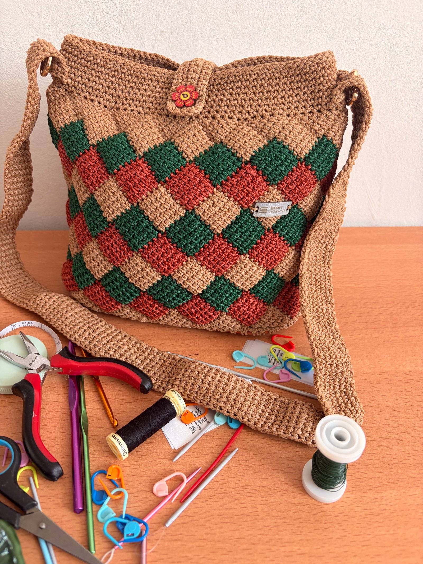 The Earthy Argyle Crochet Shoulder Bag – Green, Rust & Beige