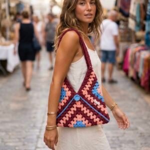 Retro Crocheted Cotton Granny Square Tote Bag