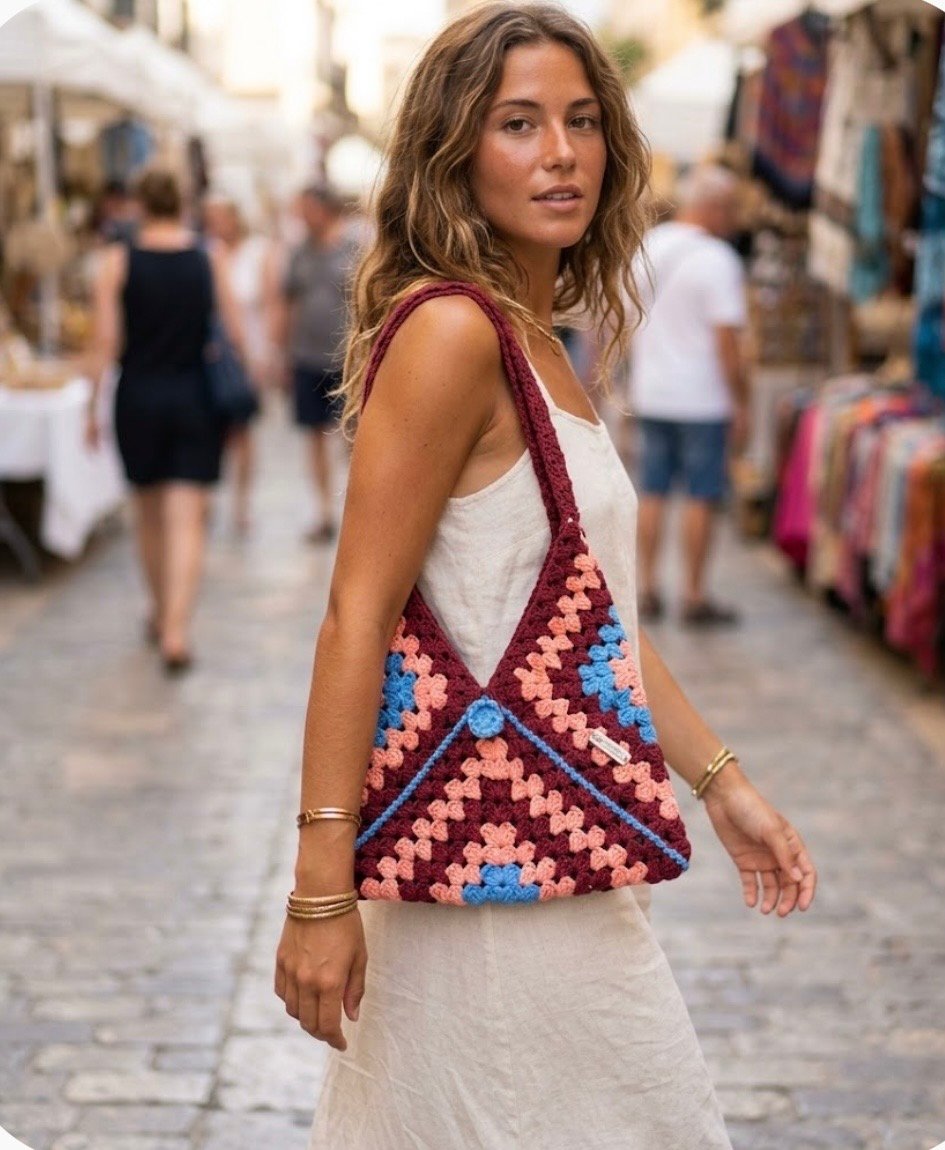 Retro Crocheted Cotton Granny Square Tote Bag