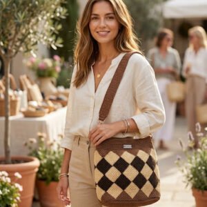 Geometric Diamond Crochet Purse – Durable Polyester with 100% Cotton Lining