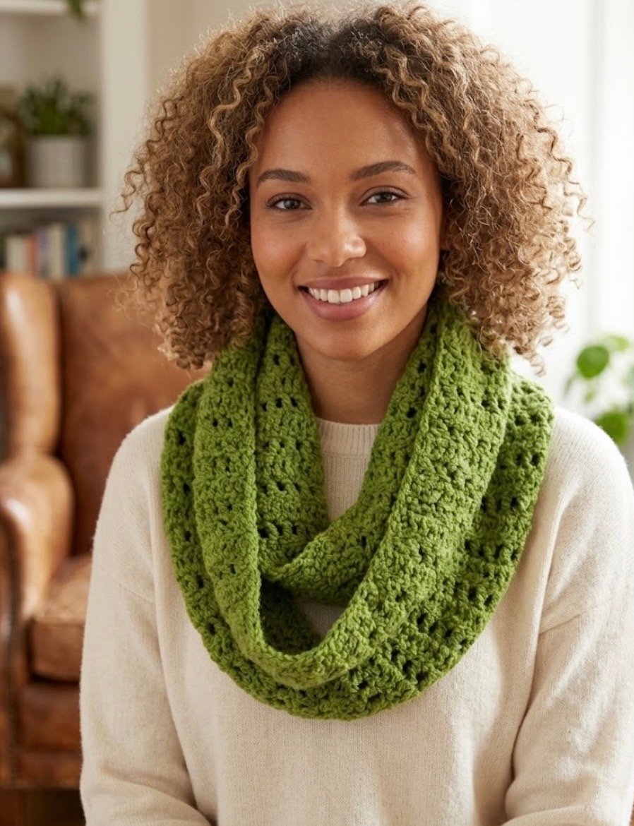 Hand-Crocheted Green Infinity Scarf