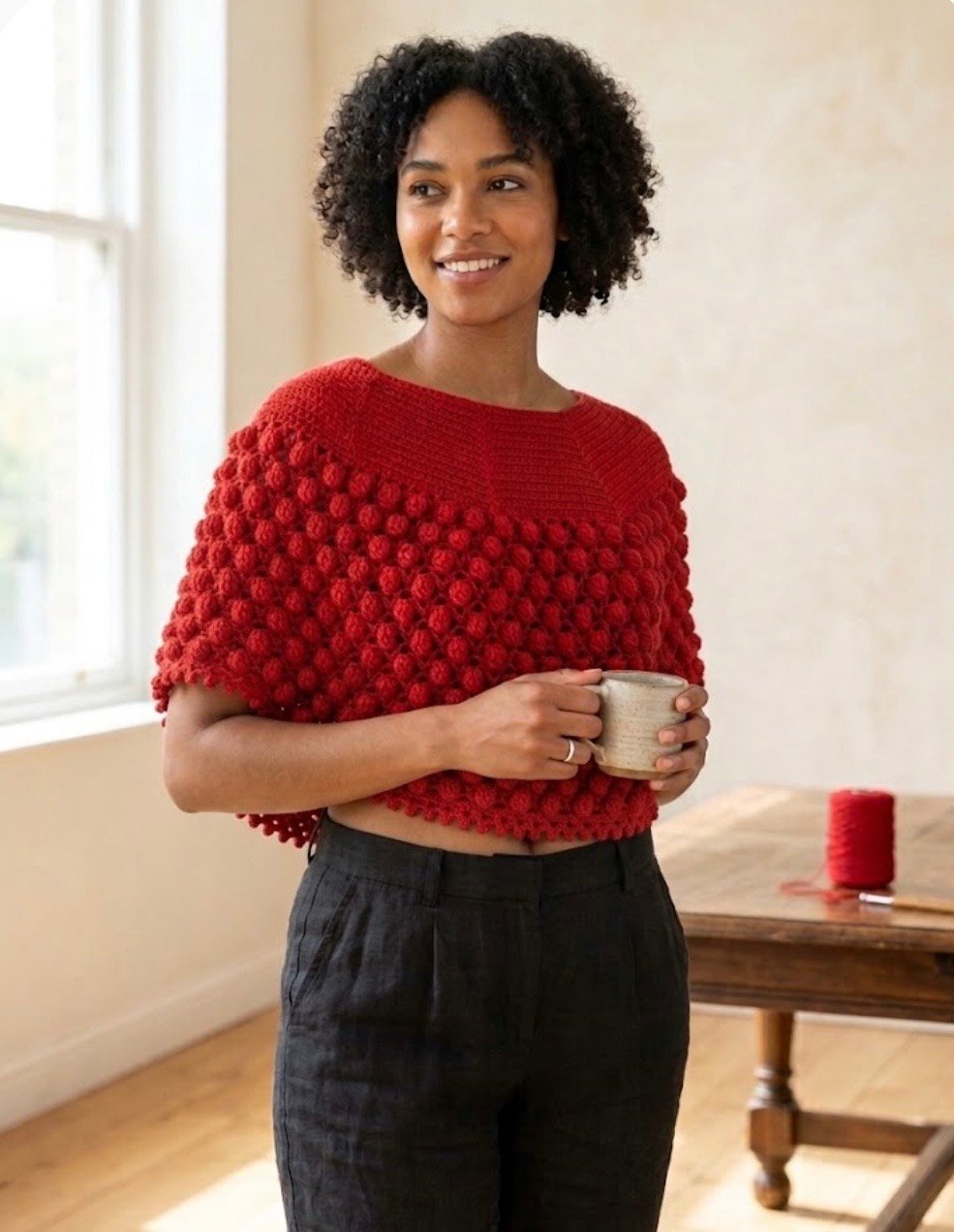 A vibrant scarlet-red capelet-style poncho