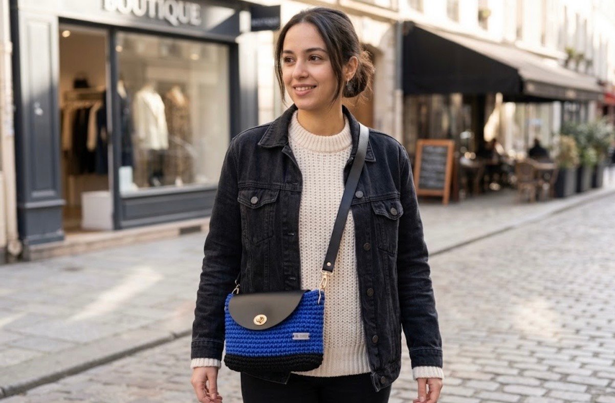 Handmade Royal Blue & Black Crocheted Crossbody Bag