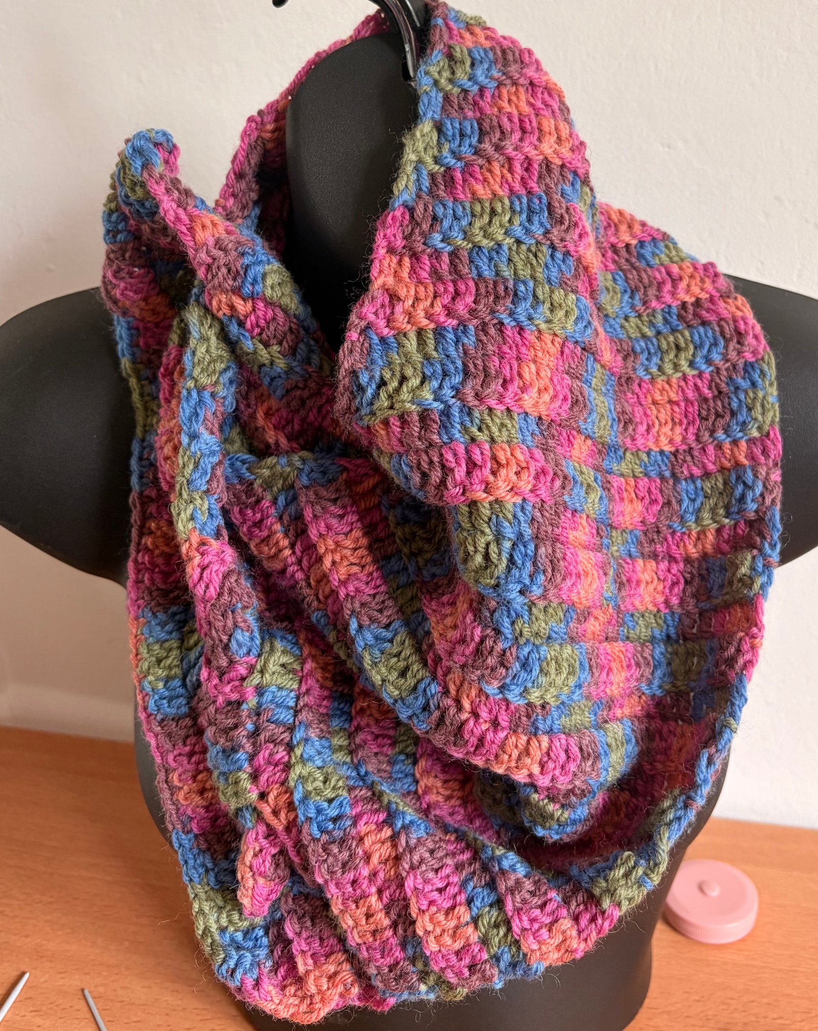 Hand Crocheted Wool and Cashmere mix yarn keyhole scarf